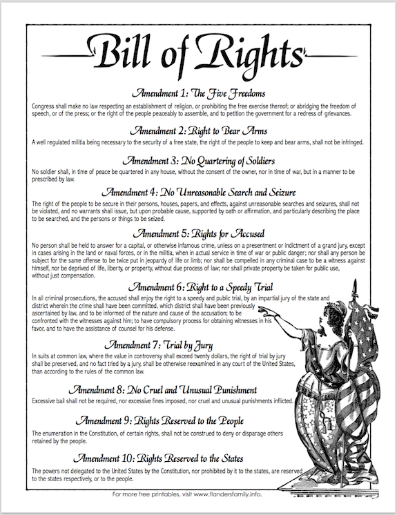 Free Patriotic Printables including Bill Of Rights Flanders Family 