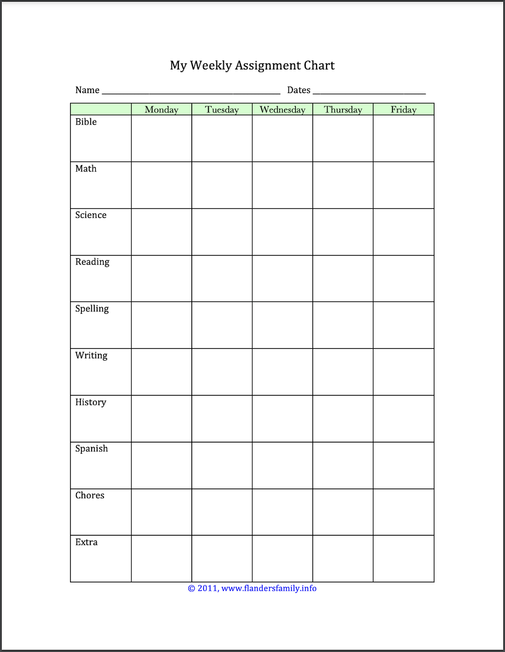 Simple Weekly Assignment Chart