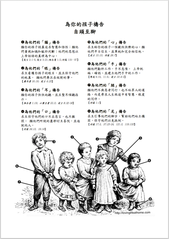 free printable prayer guide (available in English, as well as Chinese)