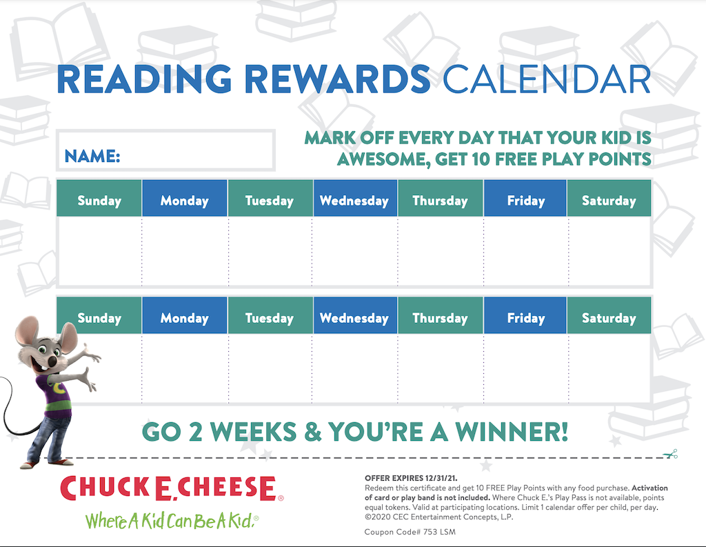 Chuck E Cheese 2022 Reading Reward Calendar