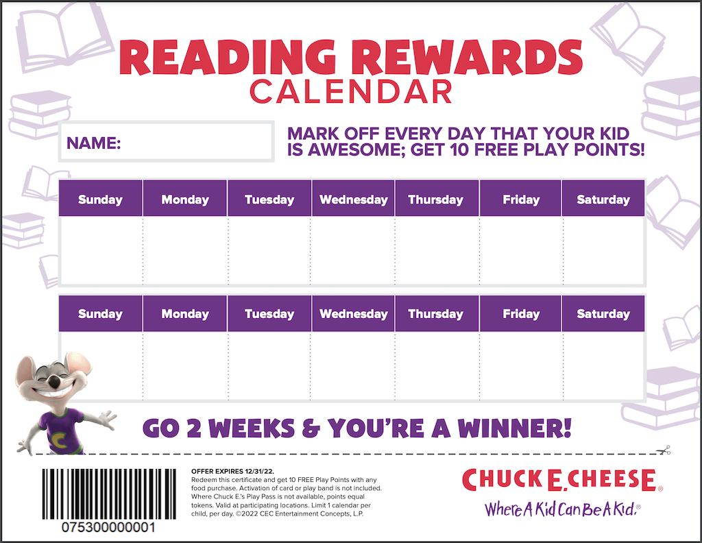 Chuck E Cheese Reading Rewards 2022