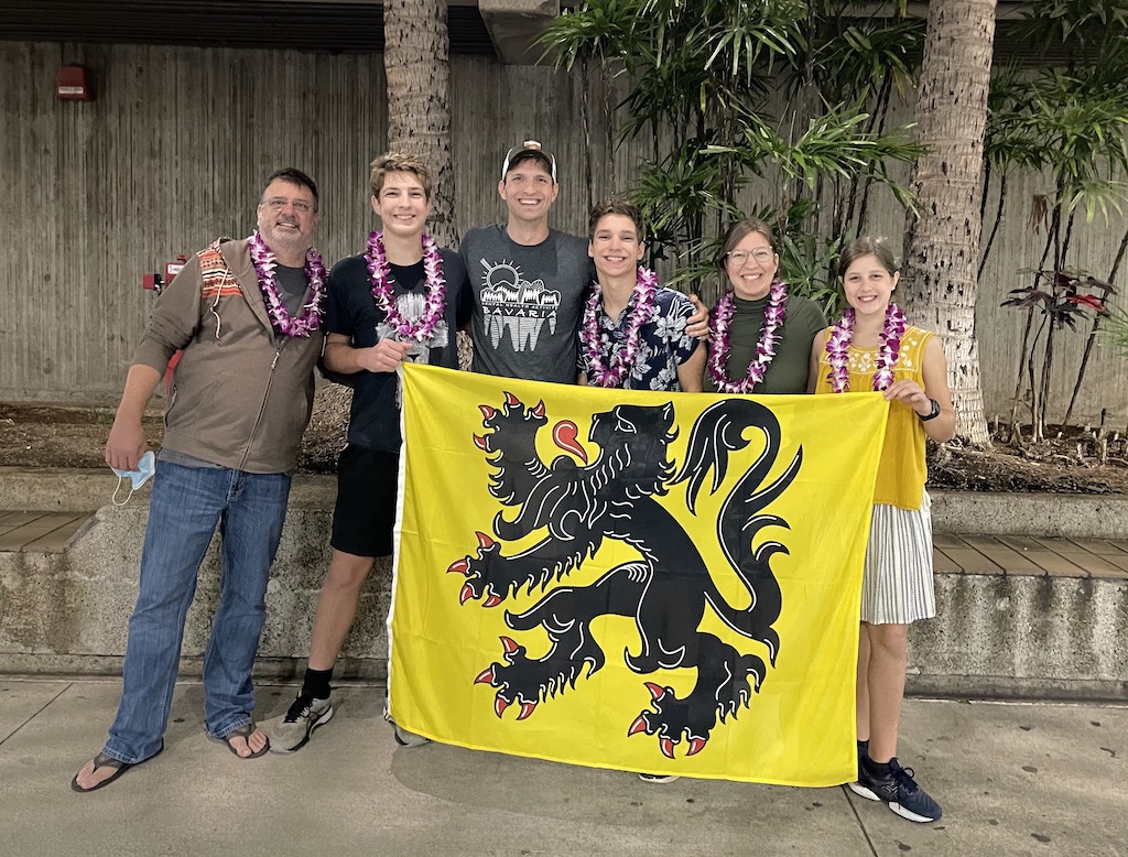 David with Flag and Leis