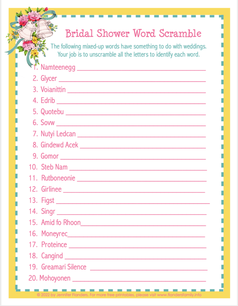 Bridal Shower Word Scramble - Flanders Family Homelife