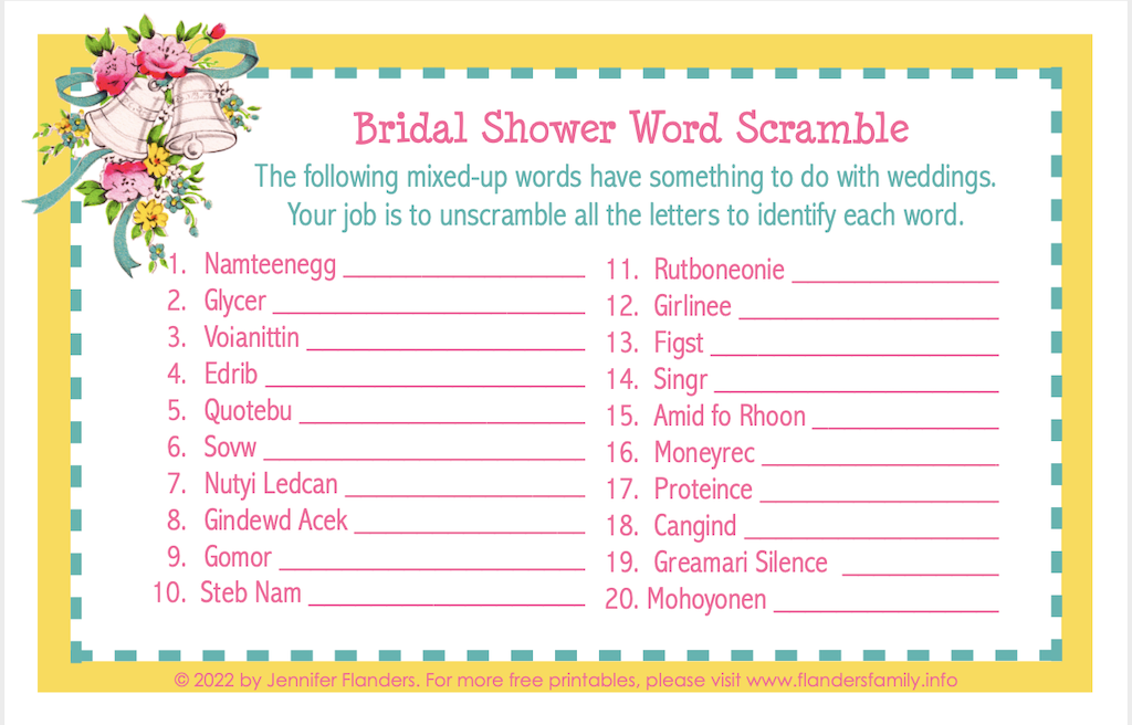 Bridal Shower Word Scramble Game