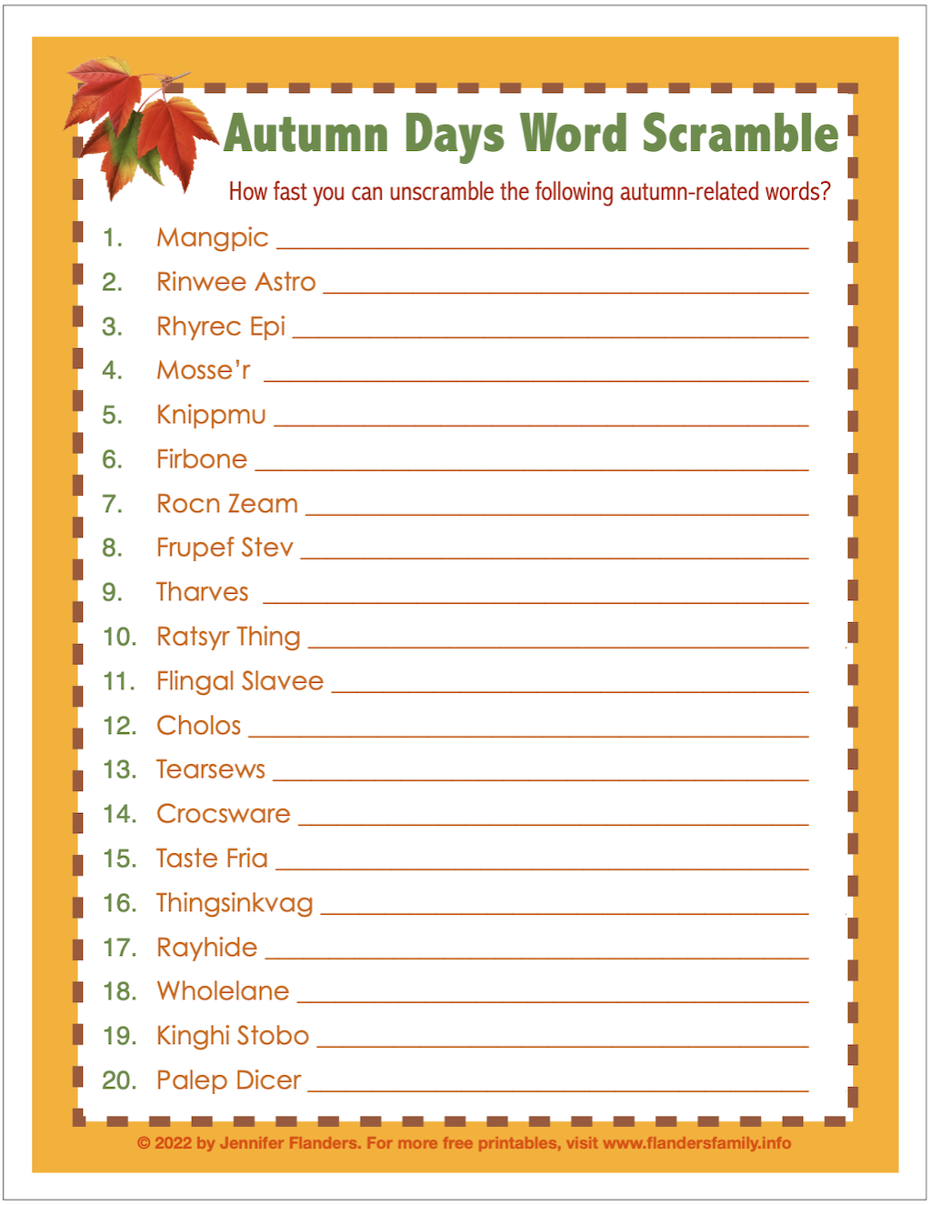 Autumn Days Word Scramble 