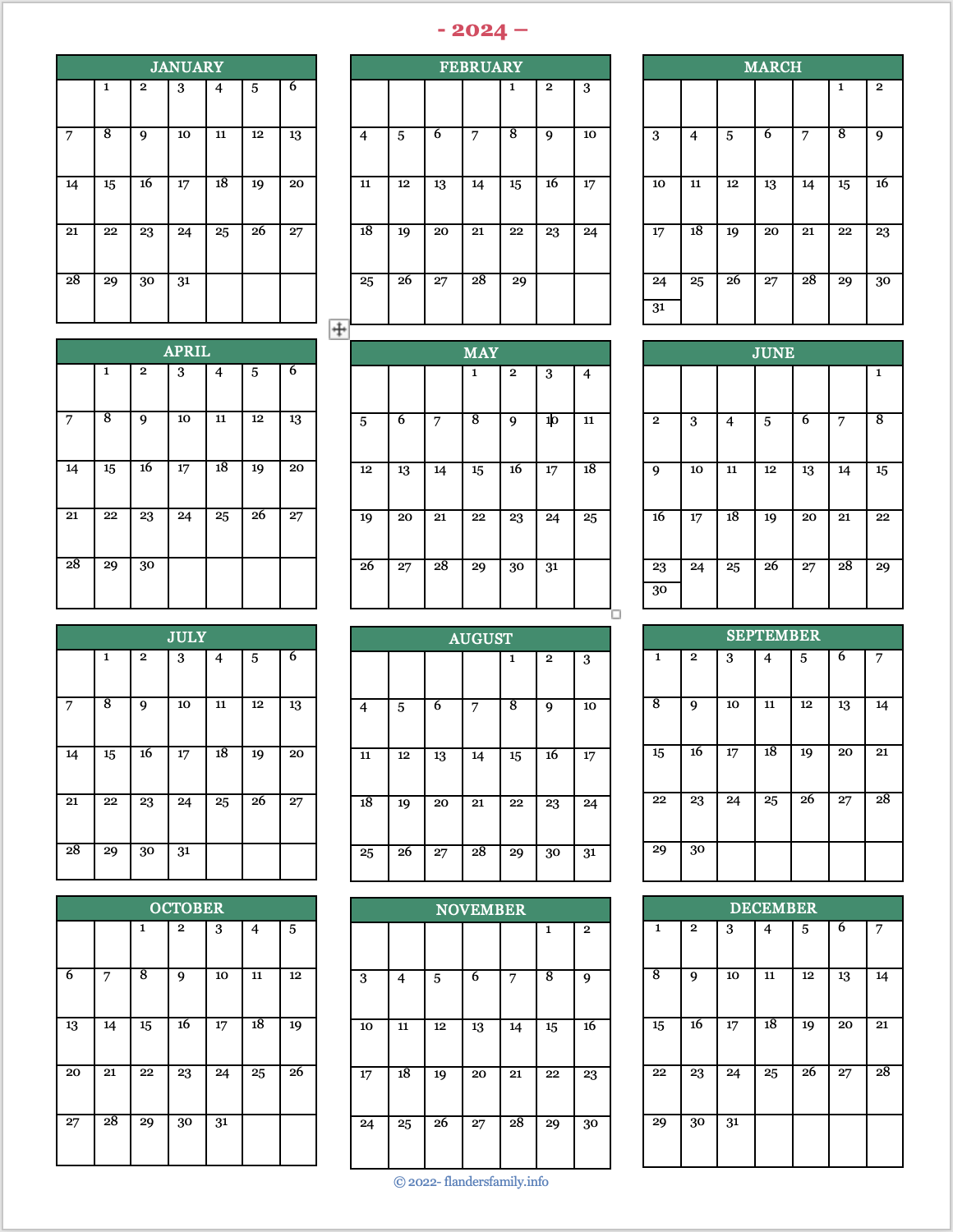 Year-at-a-Glance Calendar 2024