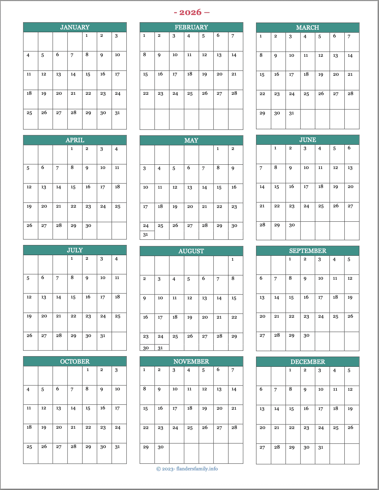 2026 Year-at-a-Glance Calendar