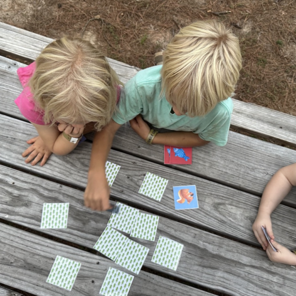 Kids playing camp-themed concentration